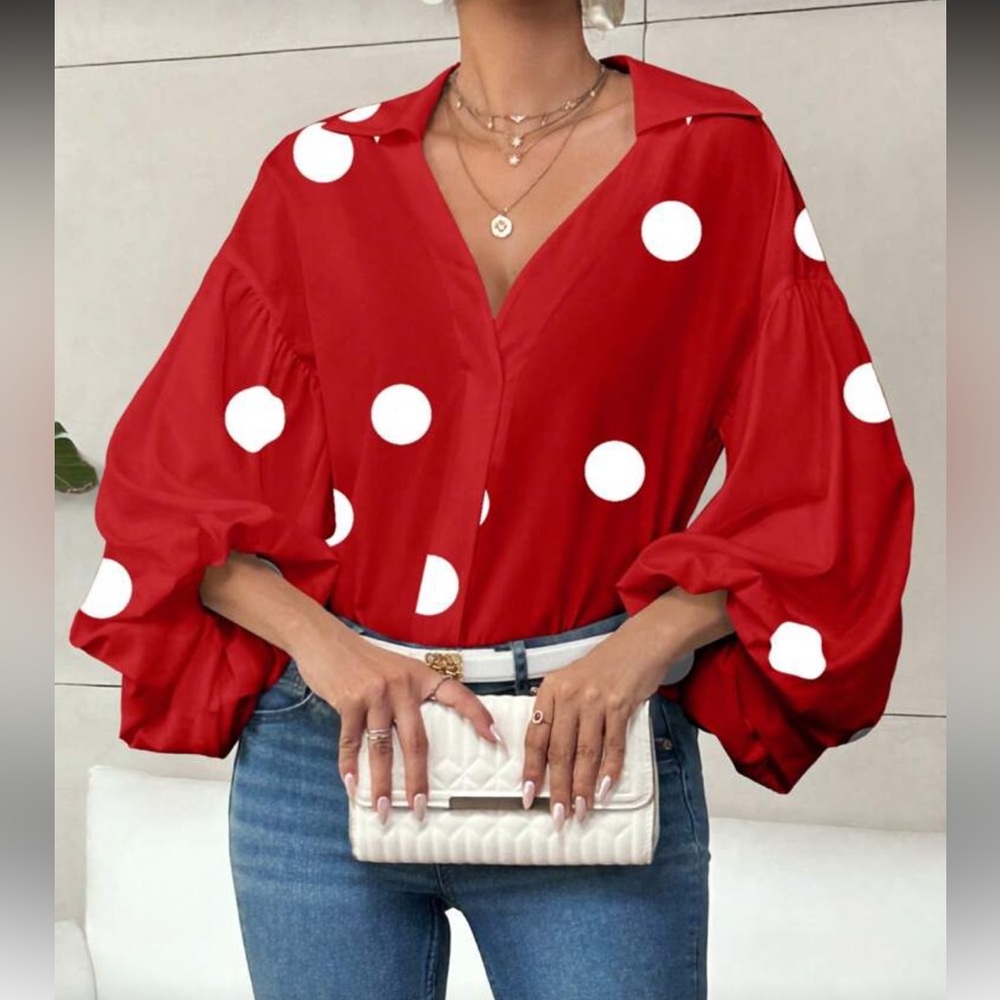 Classic Red Polka Dot Ballon Sleeve Top Blouse Shirt